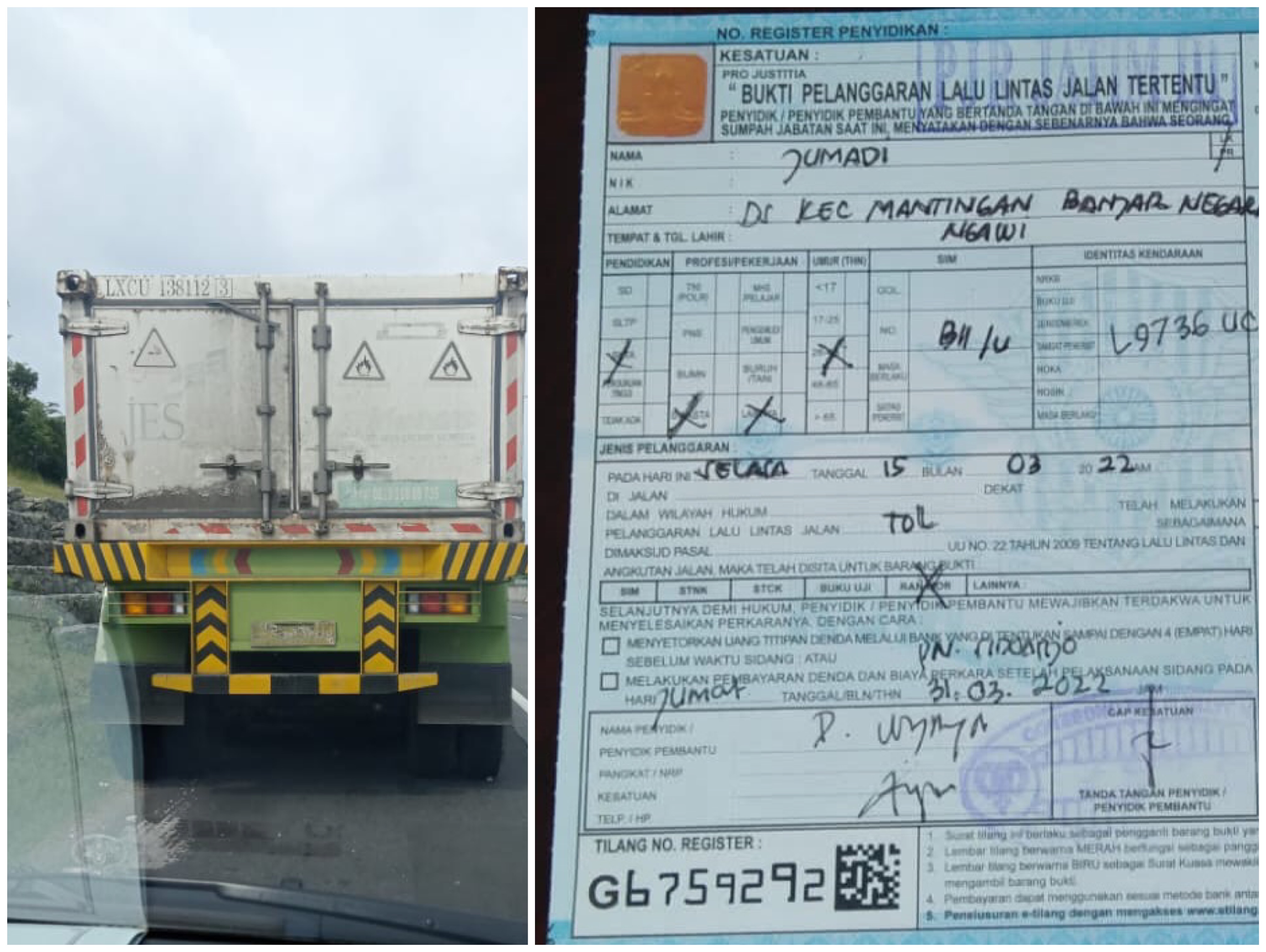 Salah satu kertas tilang jalan tol denda fantastik 