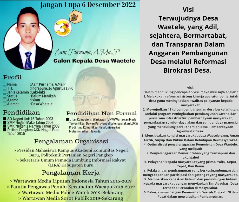 Aam Purnama, A. Ma. P salah satu calon Kepala Desa (Kades) Waetele, Kecamatan Waeapo, Kabupaten Buru 