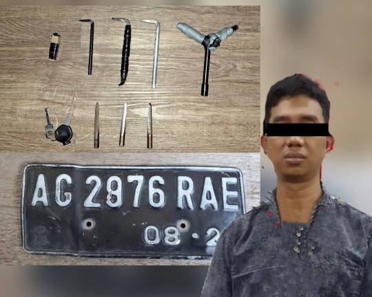 Pelaku pencuri motor dan barang bukti
