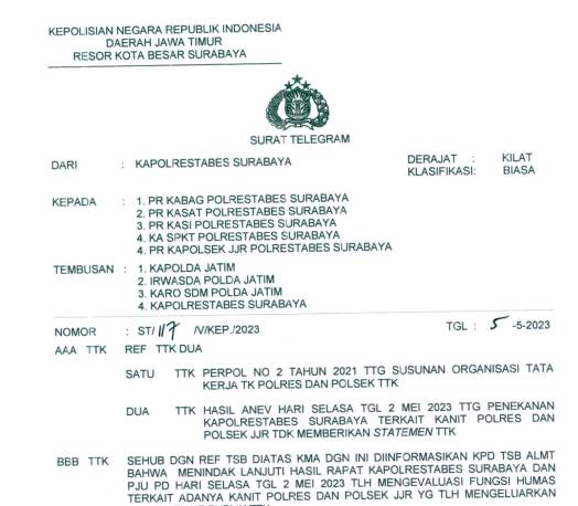 Telegram Kapolrestabes Surabaya terkait larangan para Kanit memberikan Statment