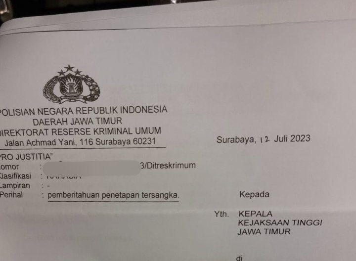 Potongan surat penetapan Tersangka 