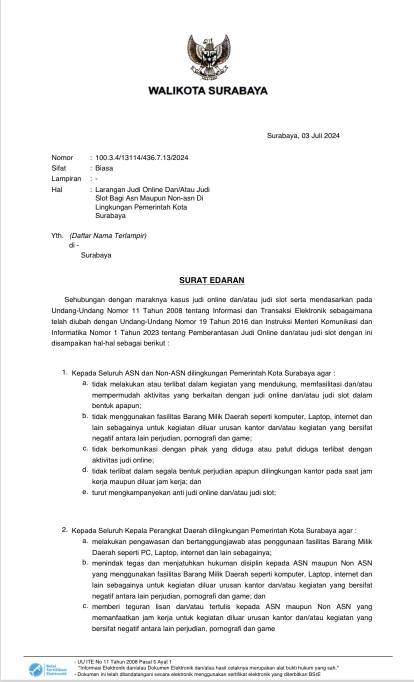 Walikota Surabaya Terbitkan SE Larangan Judi Online